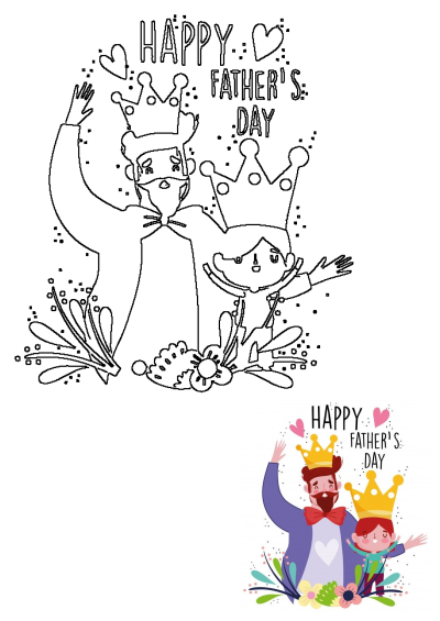 A colorful Happy Father's Day card featuring a dad with a crown and a boy in a bow tie. Celebrating fathers with love and joy.