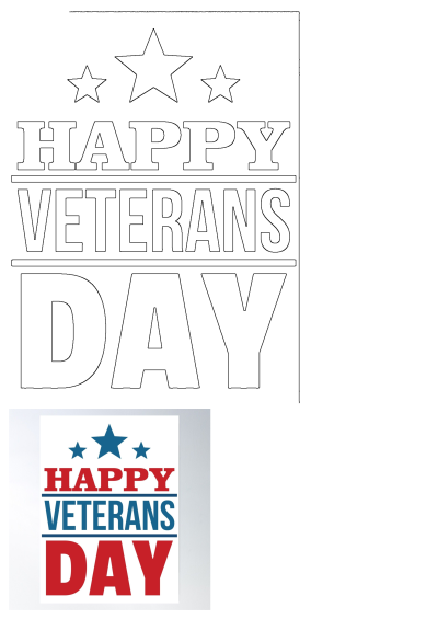 Happy Veterans Day graphic template with stars. Features both a black outline and a completed design in patriotic red and blue colors.