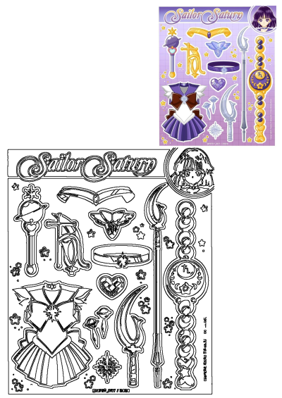 Sailor Saturn sticker sheet showcasing various items and accessories. The sticker sheet features Sailor Saturn's iconic gear.