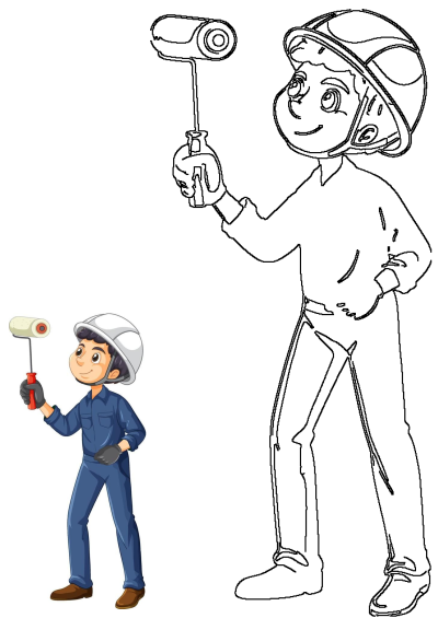 Cartoon illustration of a construction worker holding a paint roller, wearing a hard hat and gloves, ready for painting. 