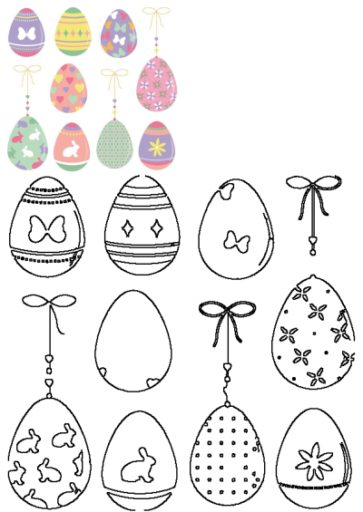 An assortment of easter eggs with different designs featuring butterflies, bunnies, hearts, stripes, flowers and dots. Vector illustration