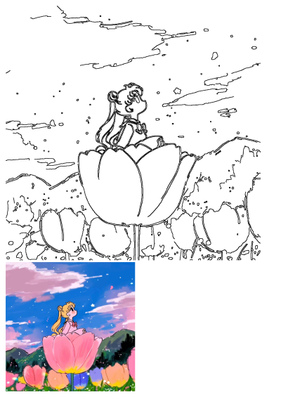Sailor Moon sitting atop a large pink tulip in a whimsical garden setting under a star-dusted sky. Cartoon anime aesthetic.