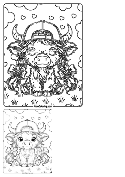 A cute baby yak wearing a hat with braids coloring page.A delightful coloring page for kids and adults featuring a charming baby yak.