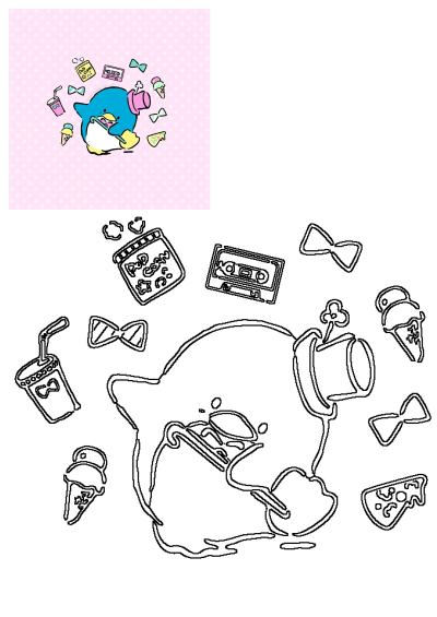 Cartoon image of a penguin is playing with popcorn, ice cream, tape, bow ties and a drink floating in the air on a pink background.