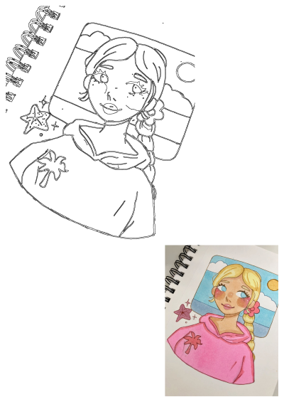 Drawing of a blonde girl with blue eyes and a pink hoodie with a palm tree. Beach background with starfish adds to the summery vibe.