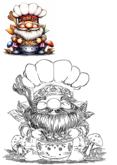 Cartoon image of a chef gnome with food in his hand, stirring soup in a pot. Mushrooms sit on the ground near this charming character.