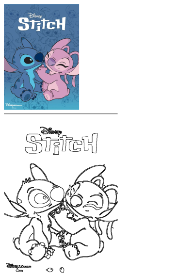 Stitch movie poster featuring Stitch and Angel hugging, set against a blue background with Stitch sketches. Heartwarming Disney moment.