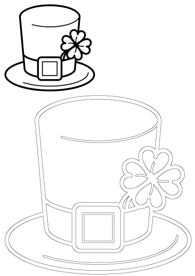 A line drawing of a St. Patrick's Day top hat with a clover on the side and a small square buckle in the middle of its band.