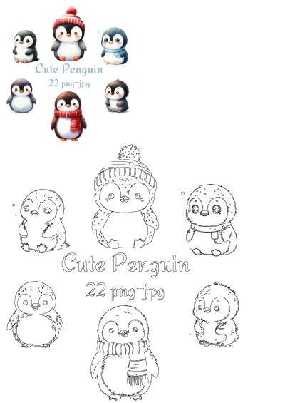 Penguins wearing hats and scarves for winter fun in an adorable, not too cute cartoon illustration. Perfect for winter themes.