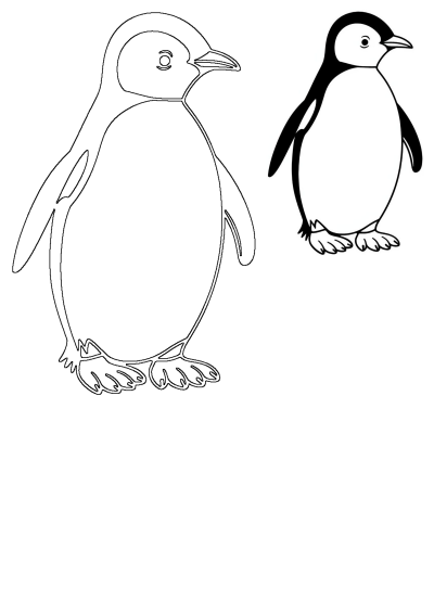 Simple black and white illustration of a penguin standing upright, great for coloring pages or graphic designs. 