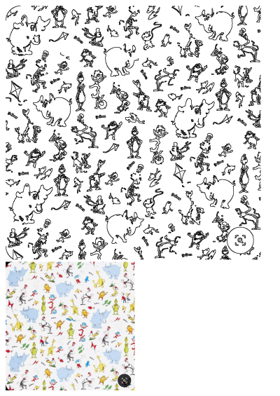 The cat in the hat and other Dr Seuss characters illustrated on white cotton fabric. Whimsical pattern featuring beloved characters.