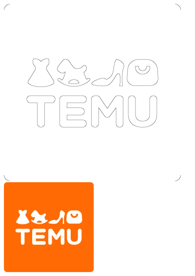 Temu_Poland logo featuring a dress, rocking horse, high heel shoe, and handbag above the 'TEMU' text on an orange background.