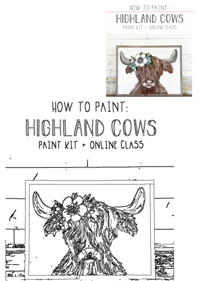 Highland Cows Paint Class Kit + Online Class. DIY painting of a cute Highland Cow with flower crown. Great for your cow painting.