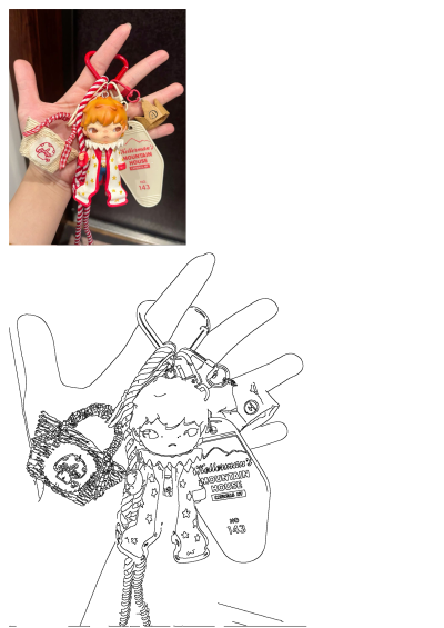 A hand holding a small doll with tags, including a Kellerman's Mountain House keychain, a mushroom basket charm, and other decorative items.