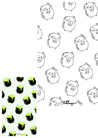 Halloween-themed pattern featuring a black pot filled with bubbling green liquid, reminiscent of cauldrons. Perfect for spooky season designs.