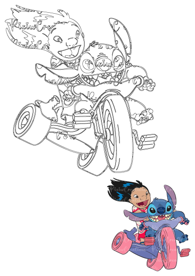 Stitcher with a cute cartoon of Stitch and Lilo riding on a toy car. Great for all ages. Disney's Lilo and Stitch.