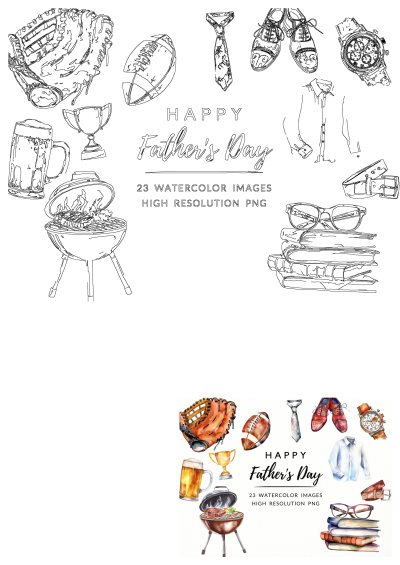 Watercolor Fathers Day clipart set with glasses, tie, baseball glove, beer, grill, watch, belt, shoes, shirt and other items.