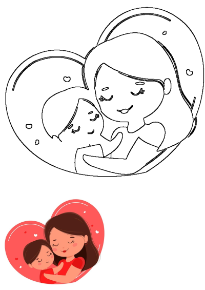 A heartwarming cartoon image of a mother lovingly hugging her child in front of a big red heart, perfect for showing love and affection.