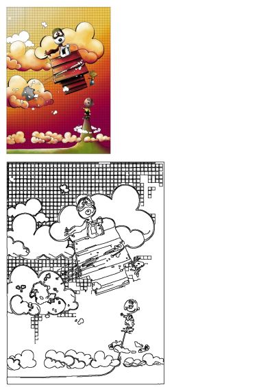 Cartoon art featuring Snoopy sitting on his flying doghouse, Woodstock floating and Charlie Brown standing on a peak with clouds above him.