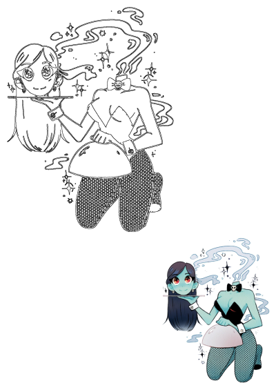 Cartoon art style illustration of a headless bunny server holding her own head. Fantasy character design & mythical creature art inspo.