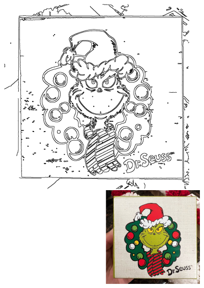 Grinch wearing a Santa hat and Christmas wreath with a striped scarf. Dr. Seuss holiday decor showcasing The Grinch at Christmas time.