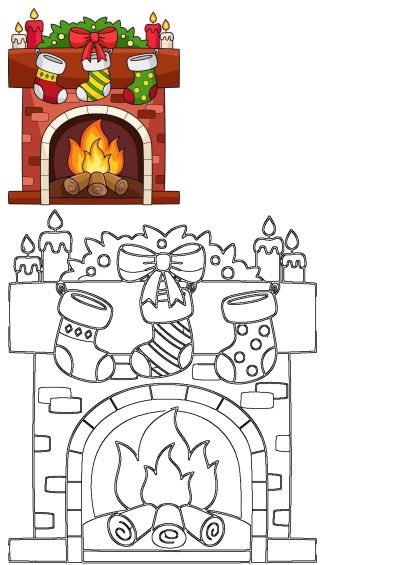 Festive fireplace with burning logs, three Christmas stockings, garland, and candles. Includes both a vibrant illustration and a detailed outline.