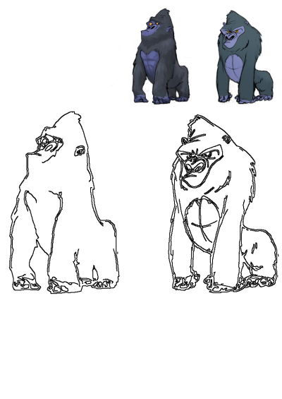 Cartoon gorilla character design featuring two different expressions, one angry and one neutral. Concept art illustration.
