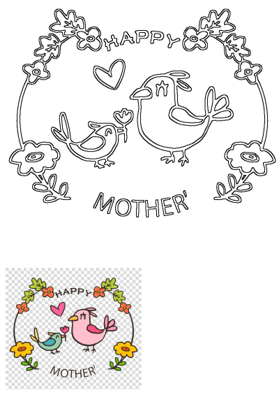 Mother's day card featuring two birds and flowers arranged in a circle with Happy Mother's Day written on it.