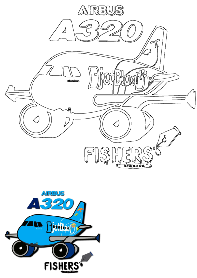 Cartoon airplane with 'Airplus A320' and 'Fishers' Design Co.' on it. A whimsical image of an airplane advertising Airplus and a design company.