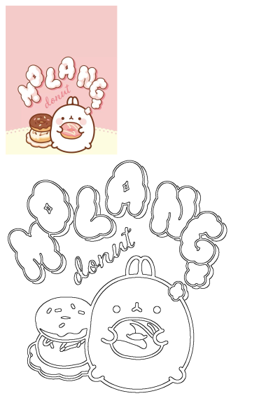 Cute Molang cartoon character surrounded by donuts! Alt: a cartoon character with donuts in front of it in kawaii style on pink background.