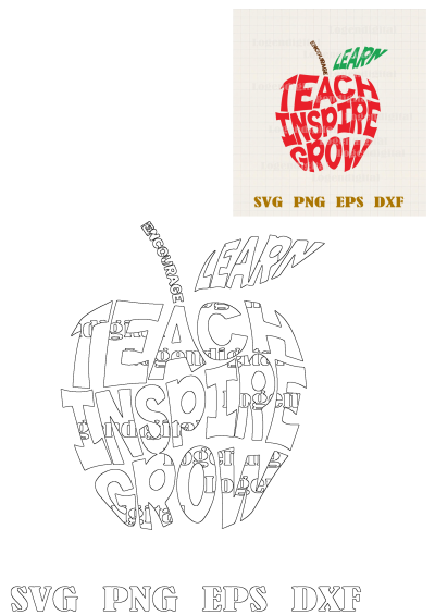 Image of an apple composed of the words 'Teach, Inspire, Grow, Encourage, and Learn', suitable for educational or inspirational content.