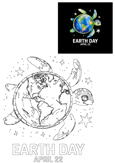 Earth Day poster of a turtle with planet Earth as its shell. The turtle is surrounded by stars. Celebrates Earth Day on April 22.