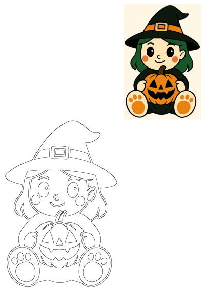 Cute Halloween design vector: a little witch with green hair and a black hat holding a pumpkin. Halloween graphics, activities, treats, crafts and party.
