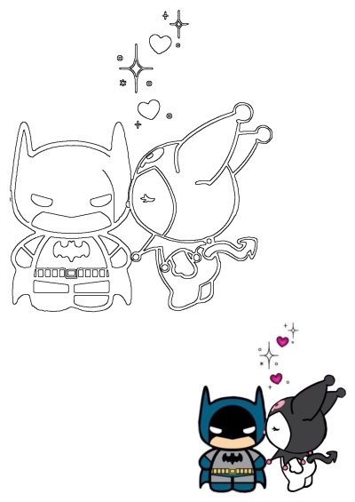 Cartoon of Batman and Kuromi with hearts above their heads. Kuromi is kissing Batman on the cheek.