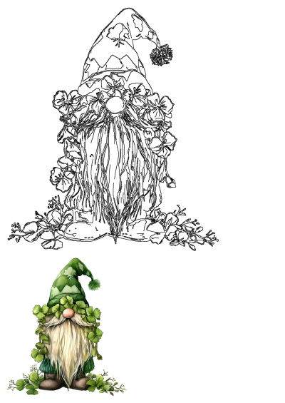 St Patrick's Gnome FREE PNG Clipart. A charming digital art print of a gnome decorated with shamrocks, perfect for St. Patrick's Day crafts.
