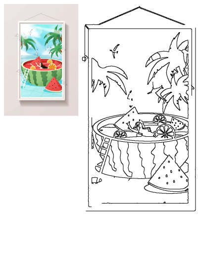 A whimsical illustration of people relaxing in a watermelon bathtub on a beach, complete with palm trees, orange slices, and watermelon wedges.