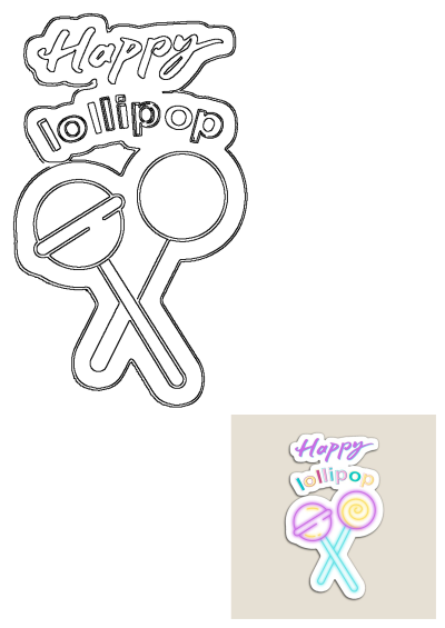 A happy lollipop sticker with neon colors featuring two lollipops with crossed sticks and the words 'Happy Lollipop' above it.
