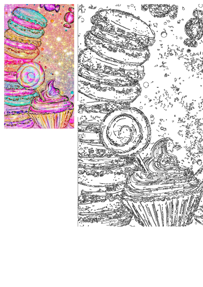Artistic painting of stacked macarons, a lollipop, and a cupcake on pink background with glittery stars. Perfect for sweet treats lovers.