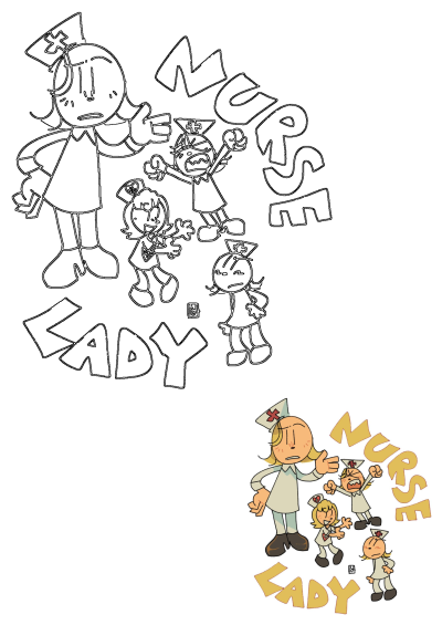 Cartoon image of nurse ladies with different expressions. The words 'nurse' and 'lady' appear. Fun, whimsical cartoon characters in vintage nurse uniforms.