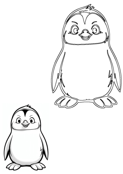 Cartoon penguin with big eyes and an angry look on its face. Cute illustration of a penguin in black and white, cartoon design.