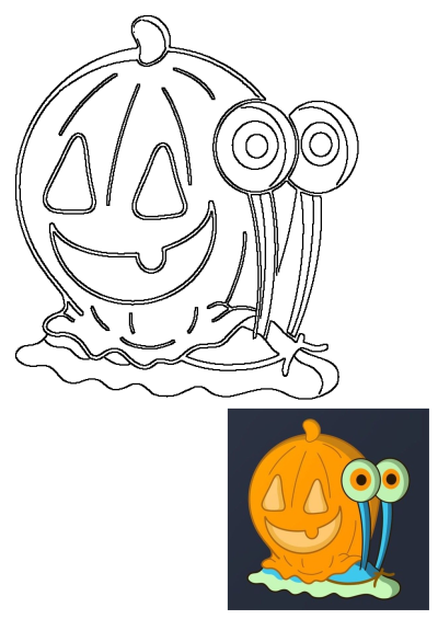 Cartoon image of an orange pumpkin snail character with big eyes. A humorous and festive Halloween illustration.