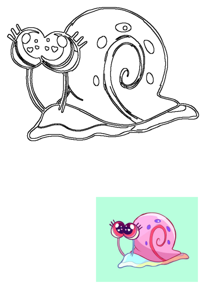 Cartoon image of Gary the Snail from Spongebob. Gary has big pink eyes with hearts and a pink shell with purple dots, light blue body. 