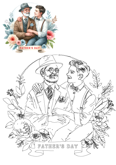 Illustration of two men hugging in front of flowers for Father's Day, symbolizing love and family bonds for a special occasion. 