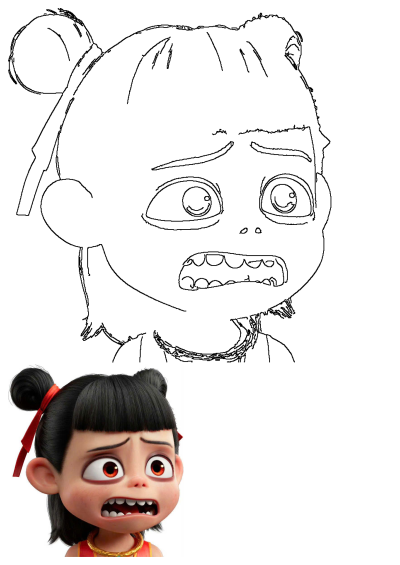 Close-up of a scared animated character with big eyes and black hair in pigtails with red ribbons. Shows teeth with a worried expression.