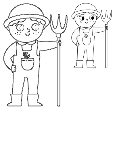 A coloring page of a cute boy dressed as a gardener with a hat, overalls, and boots, holding a pitchfork. Black and white illustration.