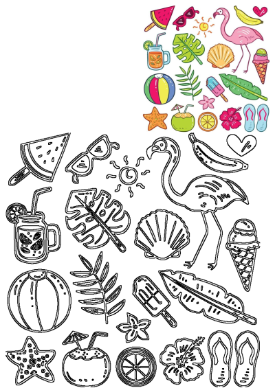 Summer vacation illustration with flamingo, ice cream, beach ball, tropical leaves, sunglasses, and fruit. Vector doodles and hand-drawn items.