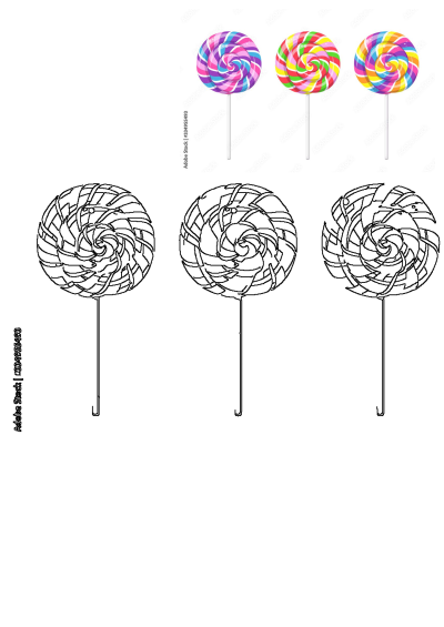 Three colorful spiral lollipops on top of each other in different shapes and sizes. Illustration of vibrant swirly candies on sticks.