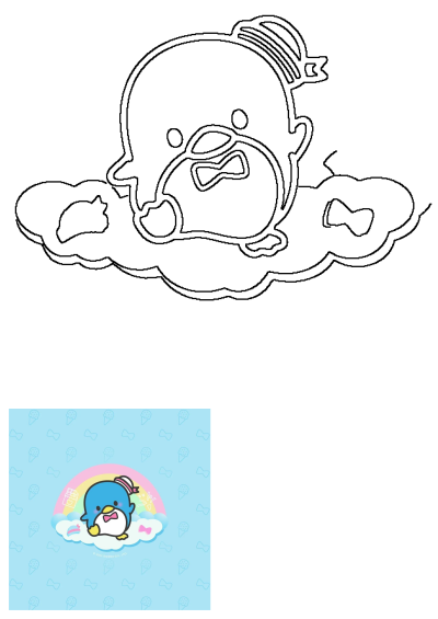 A cartoon image featuring a blue penguin with a pink bow, stands on a cloud with a rainbow behind it. The background is pastel blue.