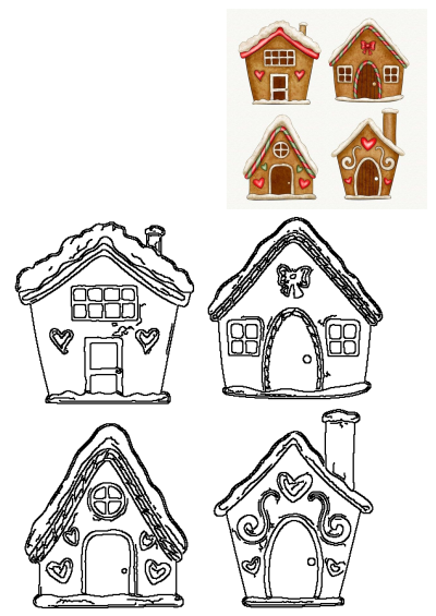 Decorative set of gingerbread houses with vibrant watercolor style illustrations and matching black outline designs for holiday crafts and fun.