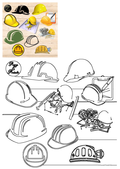 Various construction hats and tools on a wooden surface with text that reads design your own helmet. Variety of colors and styles.